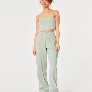 Ladies Hollister Light Gray Linen Cargo Pants, high rise trouser sz L New!